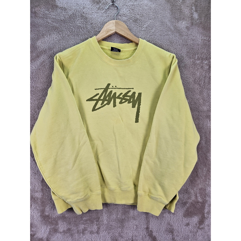 Stüssy Basic Crew Yellow Sweatshirt Pigment-dyed Big Logo Unisex